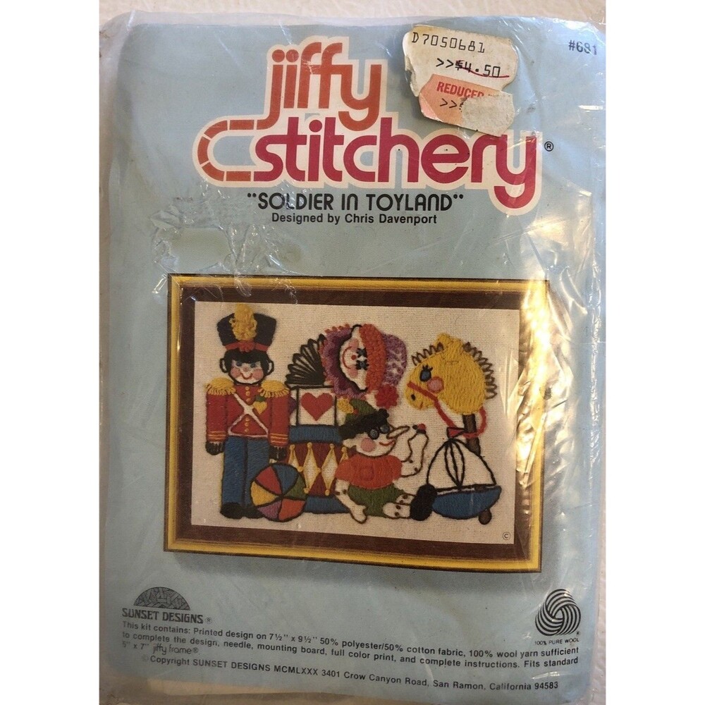 Jiffy Stitchery Sunset Designs VTG Crewel Embroidery Soldier in Toyland #681 NOS